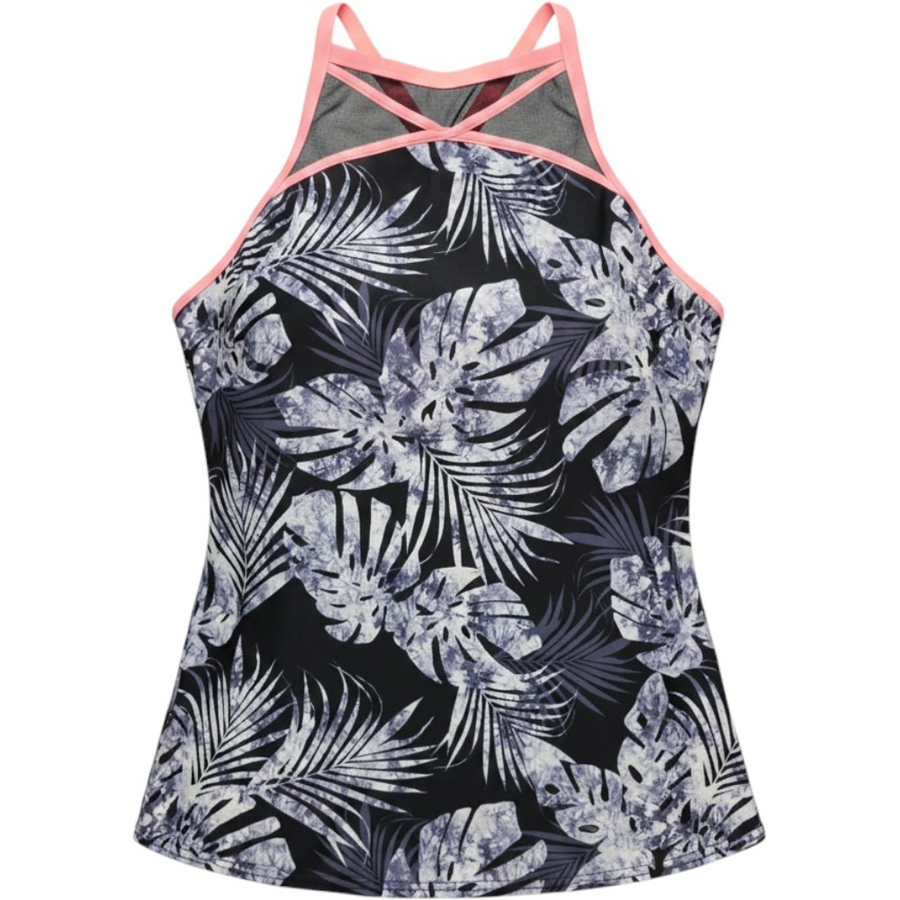 Tankini Vacation Top Womens XXL Black Gerry Tropical Palm High Neck Mesh Trim